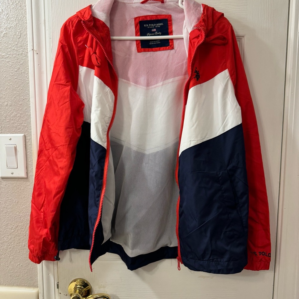 U. S. Polo Assn Raincoat/Windbreaker Hoodie Red/Blue/White Medium Unisex - Picture 4 of 12